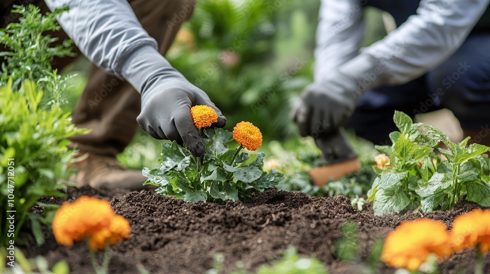 Fototapeta premium Gardeners Planting Colorful Flowers in Vibrant Garden