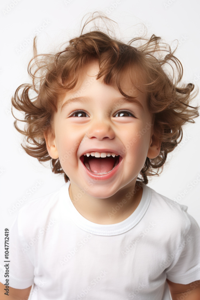 Smiling child with curly hair in a white t-shirt on a white background. Smiling child with curly hair in a white t-shirt on a white background.