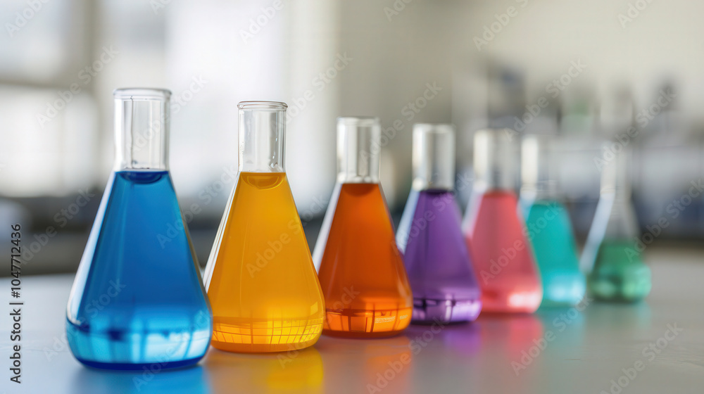Colorful Beakers on Table, vibrant glassware filled with various liquids, reflecting light, arranged neatly in a line, creating an engaging display of colors and shapes. Colorful Beakers on Table, vibrant glassware filled with various liquids, reflecting light, arranged neatly in a line, creating an engaging display of colors and shapes.