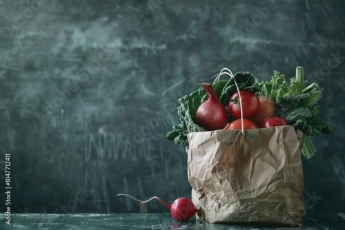 A paper bag filled with various vegetables sitting on a table photo