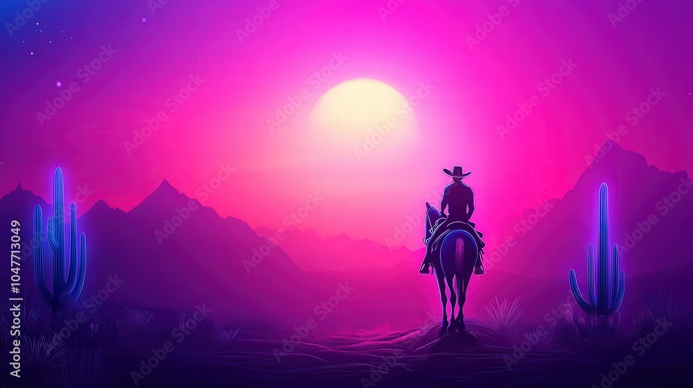 Fototapeta premium Neon Cowboy Silhouette, an illuminated outline of a cowboy riding a horse against a vibrant western landscape filled with cacti and rugged mountains in the distance