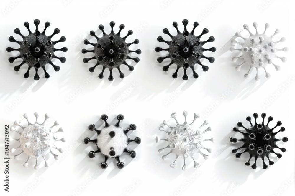 A collection of black and white objects arranged on a clean white surface A collection of black and white objects arranged on a clean white surface