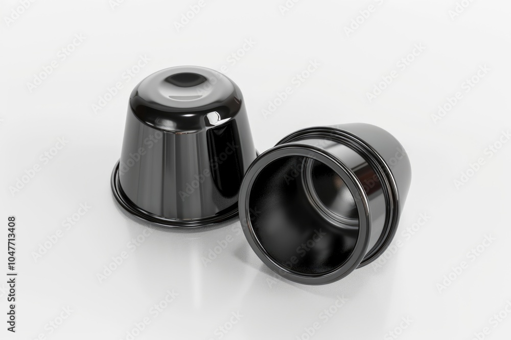 A pair of black cups sitting on a clean white surface, ideal for product photography and flat lay compositions A pair of black cups sitting on a clean white surface, ideal for product photography and flat lay compositions