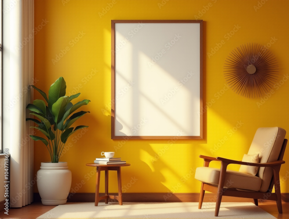 Mid-Century Modern Living Room Mockup Featuring Blank Canvas in Teak Frame on Mustard Yellow Wall Mid-Century Modern Living Room Mockup Featuring Blank Canvas in Teak Frame on Mustard Yellow Wall