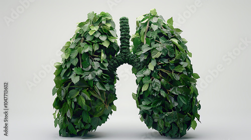a pair of lungs formed entirely from lush green leaves and foliage. The structure mimics the anatomical shape of human lungs