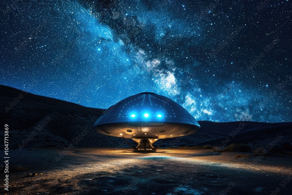 A spacecraft landed on a dirt field A spacecraft landed on a dirt field