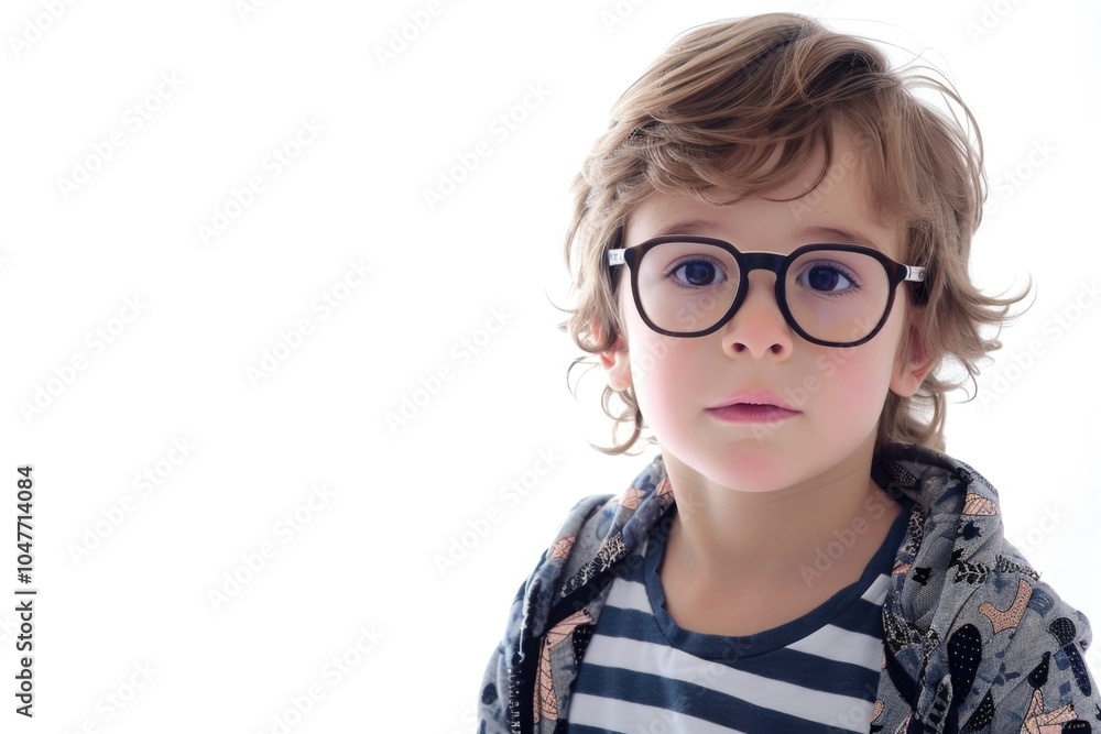 A young boy dressed in a striped shirt and wearing glasses, suitable for family or educational use A young boy dressed in a striped shirt and wearing glasses, suitable for family or educational use