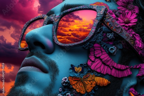 A surreal portrait featuring a man with blue complexion adorned in vibrant flowers, with oversized sunglasses reflecting a fiery sky, merging reality with fantasy beautifully. photo