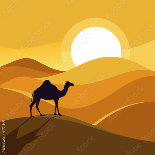 Silhouette of a camel walking across the dunes.