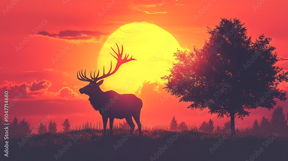 A majestic elk standing proudly on a hilltop, silhouetted against the setting sun A majestic elk standing proudly on a hilltop, silhouetted against the setting sun