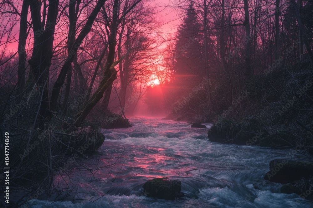 A serene scene of a river meandering through a lush green forest, perfect for use in nature, travel or environmental projects A serene scene of a river meandering through a lush green forest, perfect for use in nature, travel or environmental projects