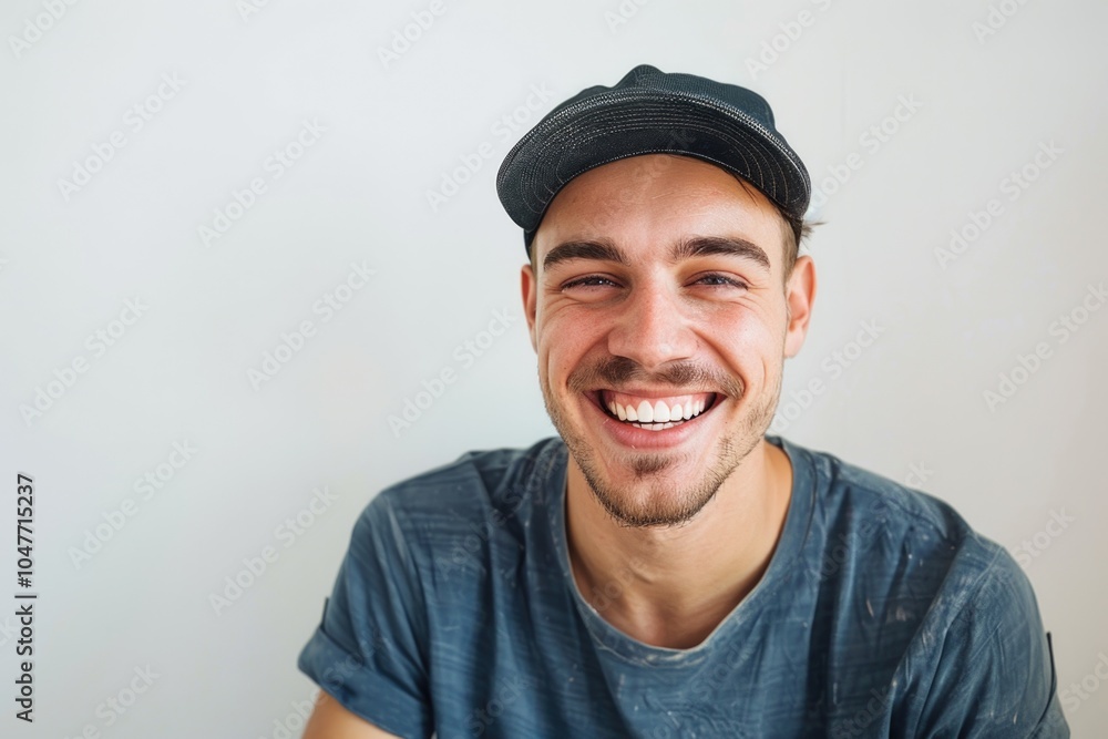 A person smiling while wearing a cap and blue shirt, perfect for casual occasions A person smiling while wearing a cap and blue shirt, perfect for casual occasions