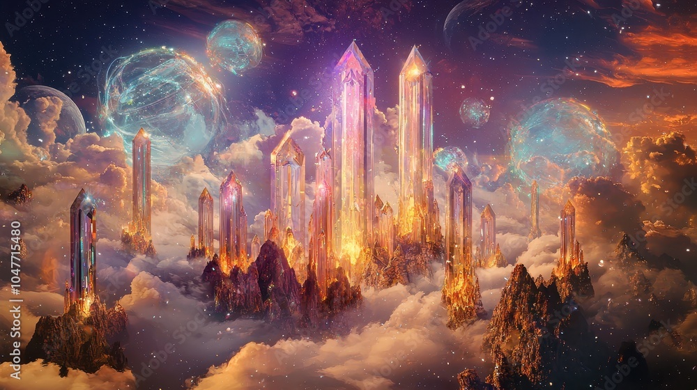 Obraz premium Floating City with Crystal Towers in Surreal Landscape