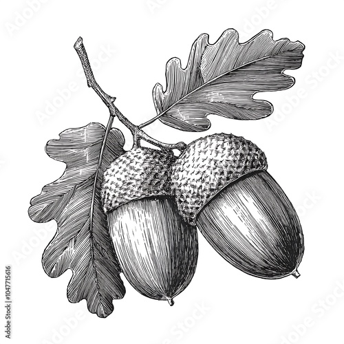 A vintage hand drawn illustration of acorns on a branch with a leaf in classic engraving style. Generative AI