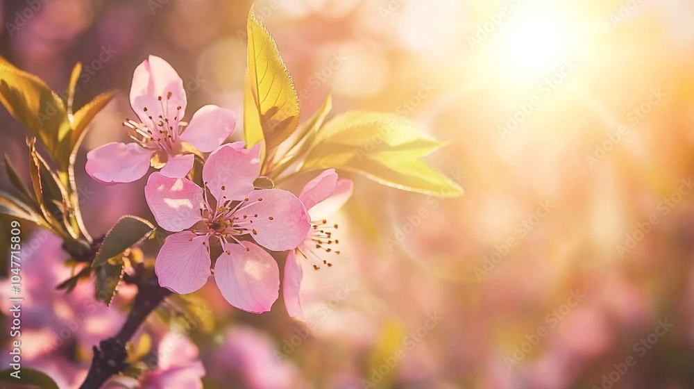 Delicate pink cherry blossoms illuminated by warm sunlight in a serene garden setting Delicate pink cherry blossoms illuminated by warm sunlight in a serene garden setting