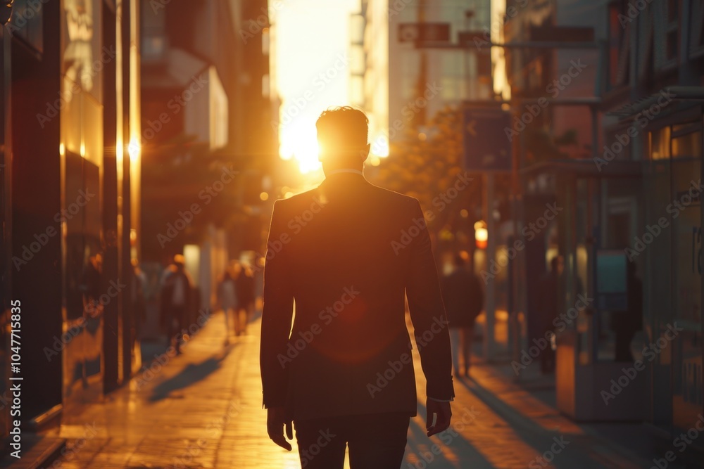 A person strolling along the sidewalk as the sun sets behind him, casting a warm glow A person strolling along the sidewalk as the sun sets behind him, casting a warm glow