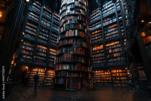 A stunning circular library with towering shelves filled to the brim with books, creating an enchanting atmosphere of knowledge and mystery, perfect for book enthusiasts. photo