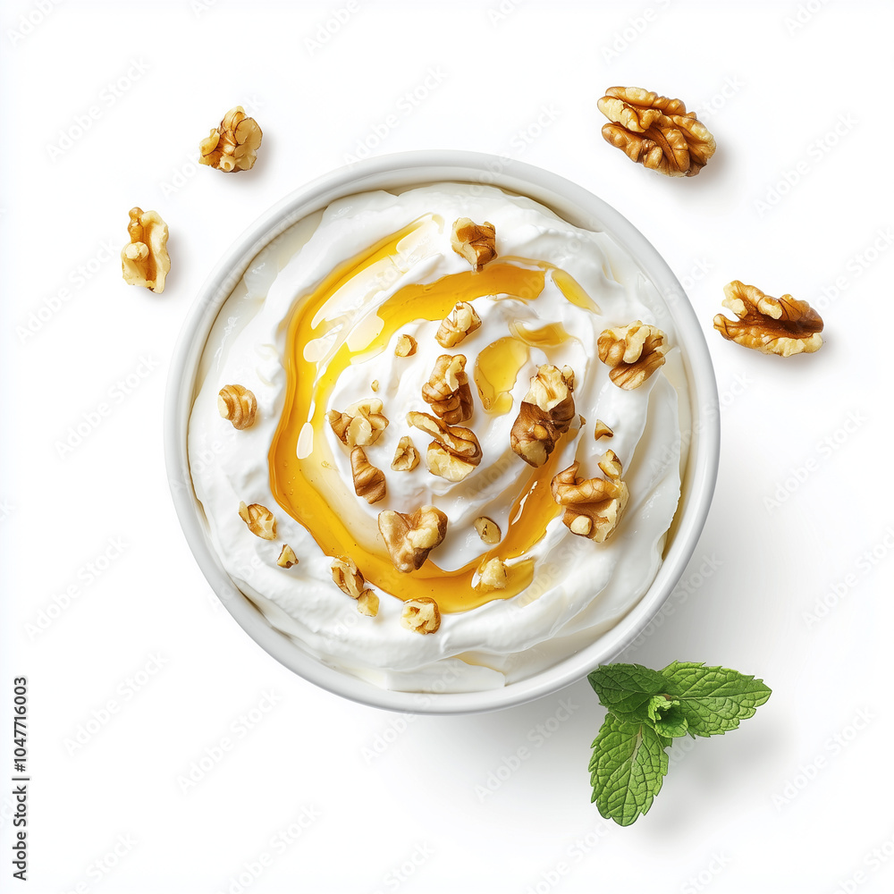 Top View of Greek Yogurt with Honey and Walnuts Top View of Greek Yogurt with Honey and Walnuts