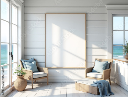 Wallpaper Mural Coastal Beach House Mockup Featuring Empty Canvas in Weathered White Frame on Shiplap Walls Torontodigital.ca