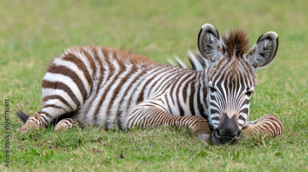 A close-up of a young zebra resting on grass, with its unique stripes clearly visible. A close-up of a young zebra resting on grass, with its unique stripes clearly visible.