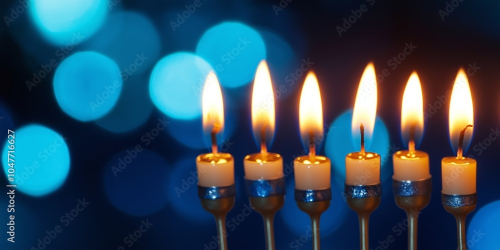 Close-up of lit Hanukkah candles against a blurred blue background with bokeh effect Close-up of lit Hanukkah candles against a blurred blue background with bokeh effect