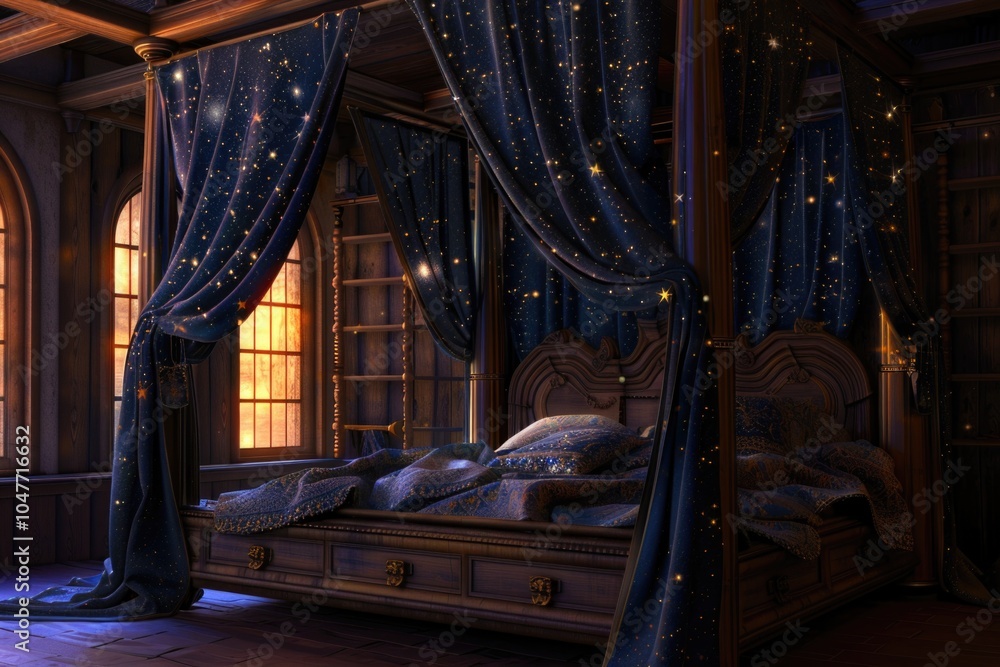 A cozy bedroom with a comfortable canopy bed and a large window A cozy bedroom with a comfortable canopy bed and a large window