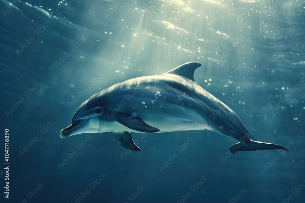 Fototapeta premium A dolphin swims in the ocean with sunlight shining through the water, a serene underwater scene