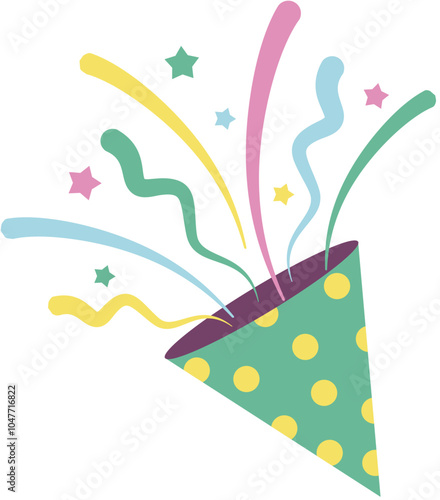 Party popper with colorful stars and ribbons. Paper-shoot with polkadot pattern. Flat illustration. 