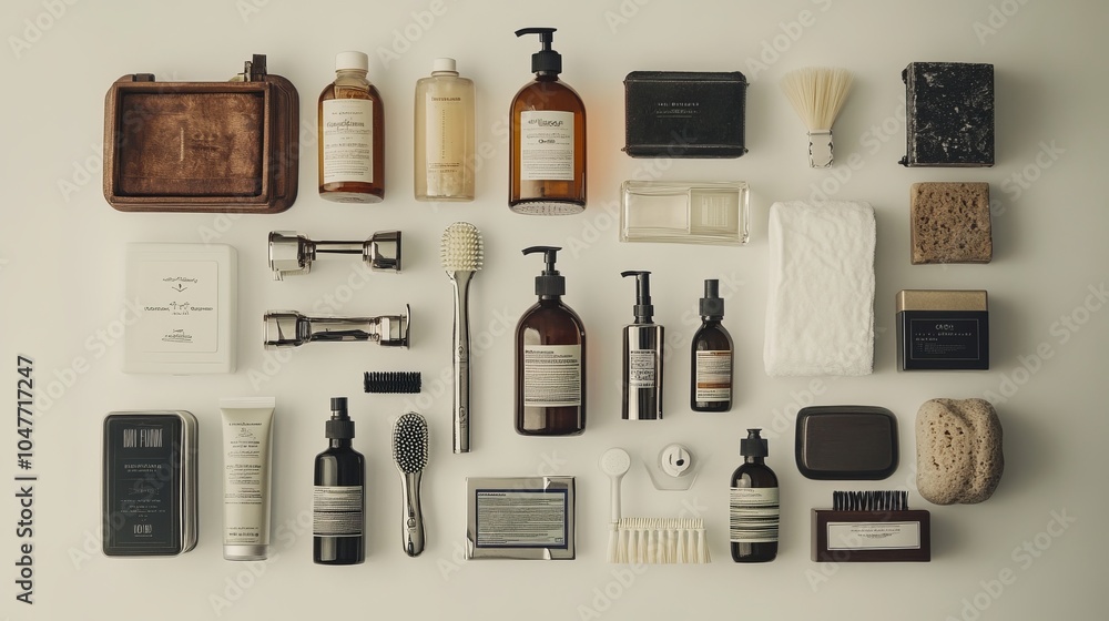 Assortment of men's personal hygiene essentials displayed against a white background Assortment of men's personal hygiene essentials displayed against a white background