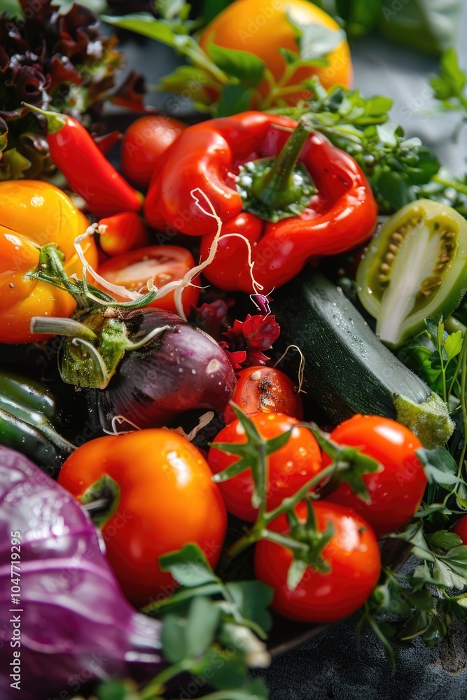 A colorful arrangement of various vegetables on a table, perfect for market displays or food styling A colorful arrangement of various vegetables on a table, perfect for market displays or food styling