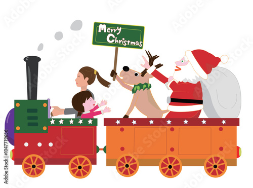クリスマスの日にサンタクロースが汽車でプレゼントを運んでいる。