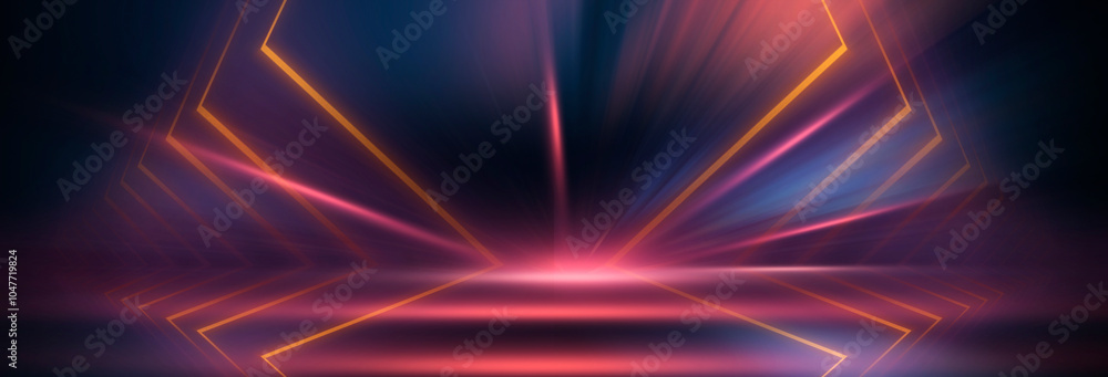 Obraz premium Neon light in tunnels, rays and lines. Dark abstract neon background, empty stage.