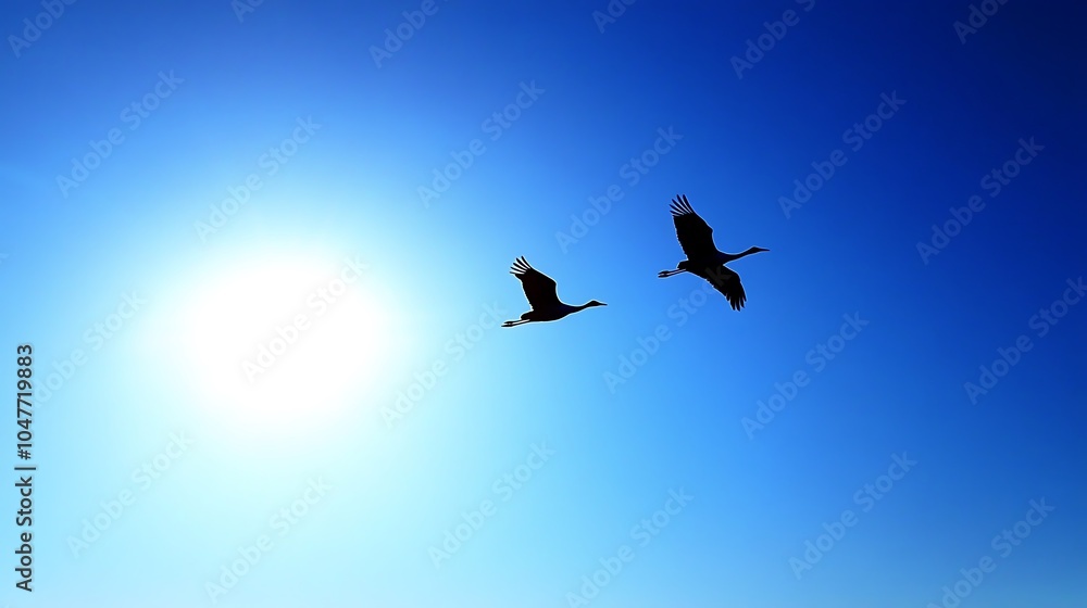 Fototapeta premium A pair of cranes flying gracefully across a clear blue sky at sunrise