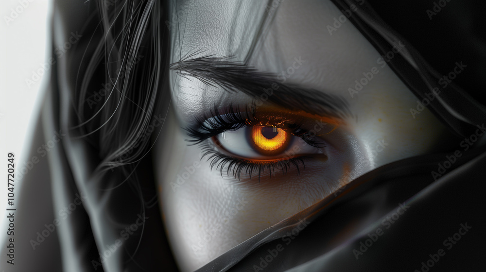 Close-up of a mysterious human eye with a glowing orange iris, partially concealed by fabric Close-up of a mysterious human eye with a glowing orange iris, partially concealed by fabric