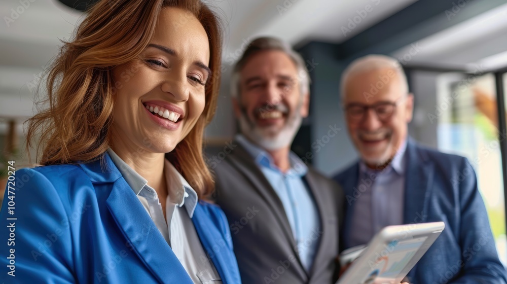 Elderly couple discussing real estate with an agent using a tablet in a new home, focusing on investment or mortgage, sharing a smile during their retirement conversation Elderly couple discussing real estate with an agent using a tablet in a new home, focusing on investment or mortgage, sharing a smile during their retirement conversation