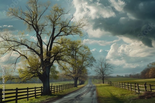 A scenic country road lined with trees and a wooden fence, ideal for landscape photography or rural-themed designs