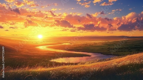 Serene Prairie Landscape with Winding River at Sunset