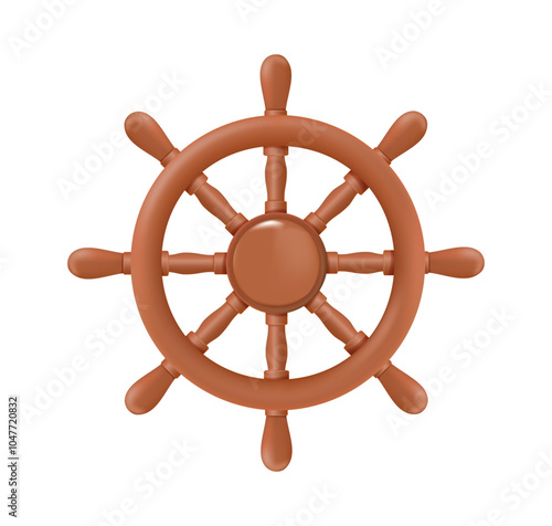 Wooden steering wheel, 3D cartoon nautical equipment of ancient ship. Old helm with handles to steer pirate boat and cruise yacht, cartoon 3D wheel of rudder for helmsman, captain vector illustration