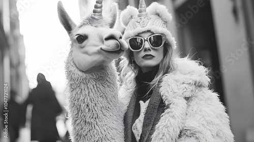 A fashionable woman poses with a unicorn-themed alpaca in a stylish urban setting, capturing a whimsical fashion moment. photo