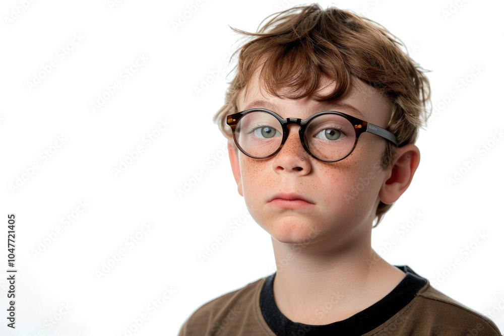 A young boy wearing glasses and a brown shirt, great for everyday use A young boy wearing glasses and a brown shirt, great for everyday use