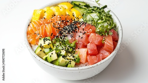 Fresh poke bowl artfully presented on a white background.