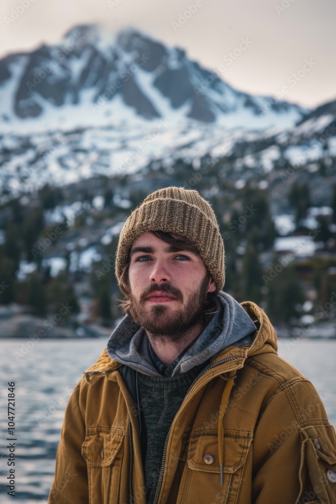 A person standing near a serene lake with a majestic mountain in the background A person standing near a serene lake with a majestic mountain in the background