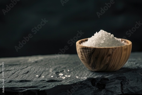 A wooden bowl filled with sea salt sitting on top of a rock, great for coastal-themed decor or use as a prop in a still life photo shoot