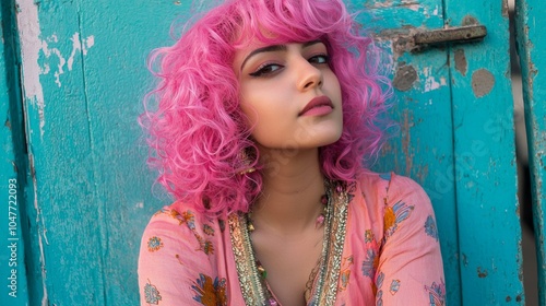 Adult Indian Woman with Pink Curly Hair photorealistic illustration.