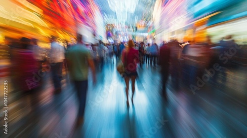 A blurry image of a crowded city street with people walking and carrying bags