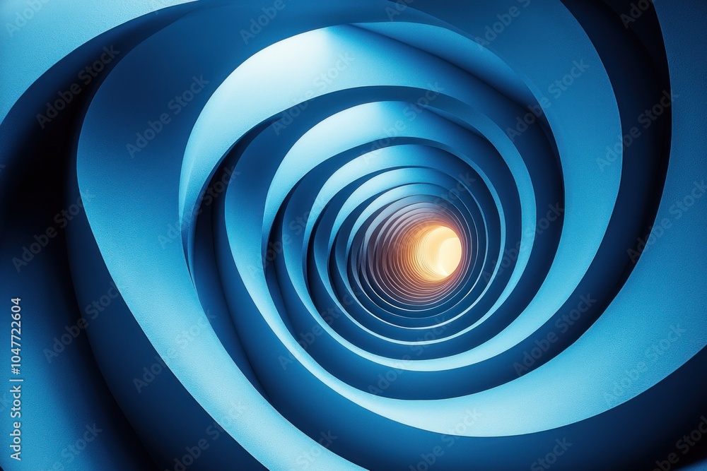 Fototapeta premium Abstract Blue Spiraling Tunnel with Glowing Light at the End
