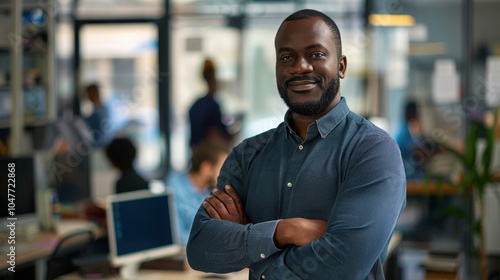 Cheerful young businessman with arms crossed in an office setting, exuding confidence and satisfaction