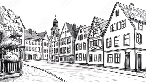 Historical Cityscape Engraving of Old Streets