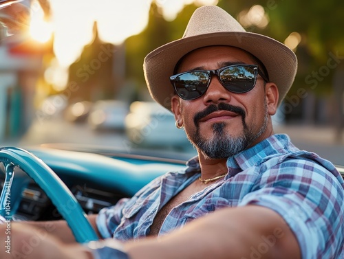 A stylish man wearing sunglasses and a hat, confidently drives a vintage convertible car under sunny skies, capturing a carefree and adventurous spirit. photo