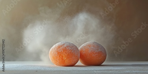 Two round orange pastries dusted with powdered sugar on a soft, neutral background with light dust particles in the air photo